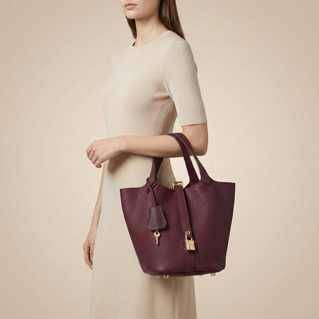 Structured Basket Handbag with Twist Lock – Faux Leather Bucket Bag