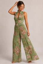 Green Floral Pleated Wide Leg Jumpsuit – Women's Wedding Guest Jumpsuit
