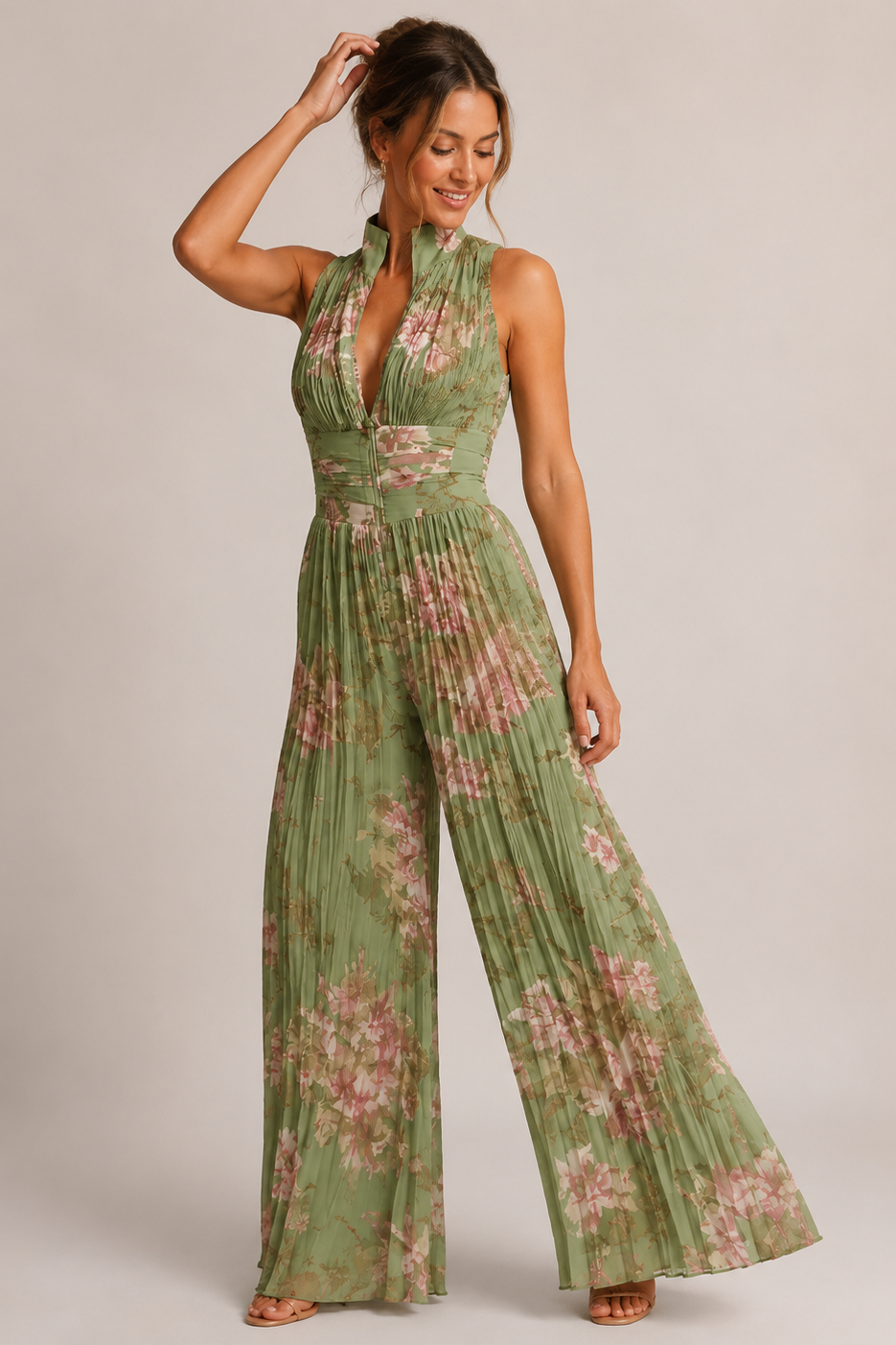 Green Floral Pleated Wide Leg Jumpsuit – Women's Wedding Guest Jumpsuit