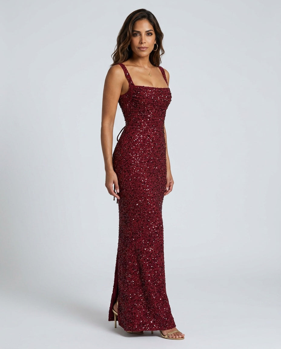 Sequin Tie-Up Square Neck Maxi Dress