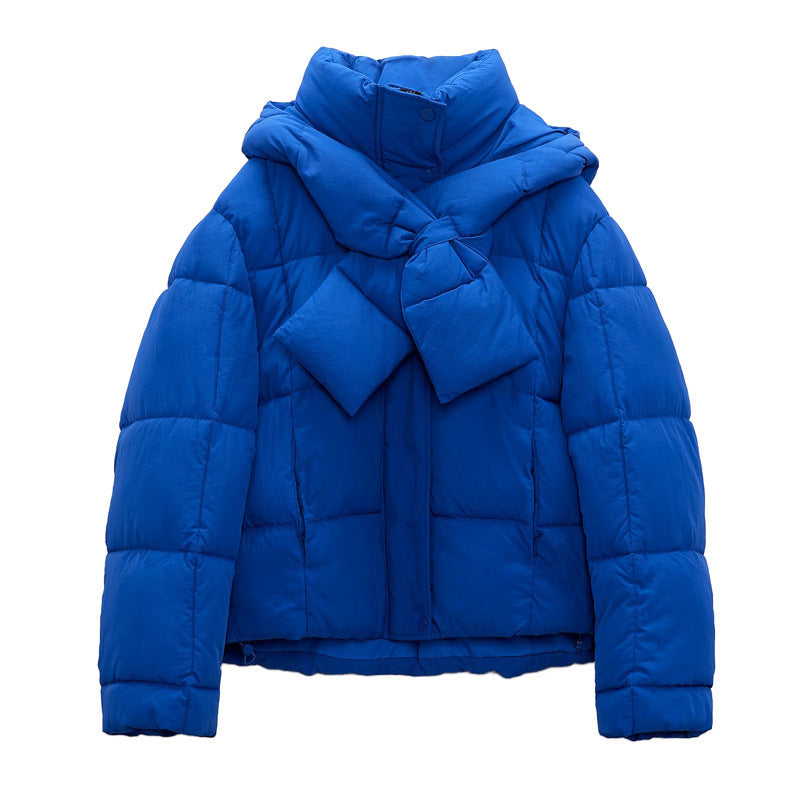 Women's Short Quilted Puffer Jacket with Oversized Padded Scarf Collar