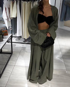 Women's linen-look Kimono Trouser Set – Longline Open-Front Layer