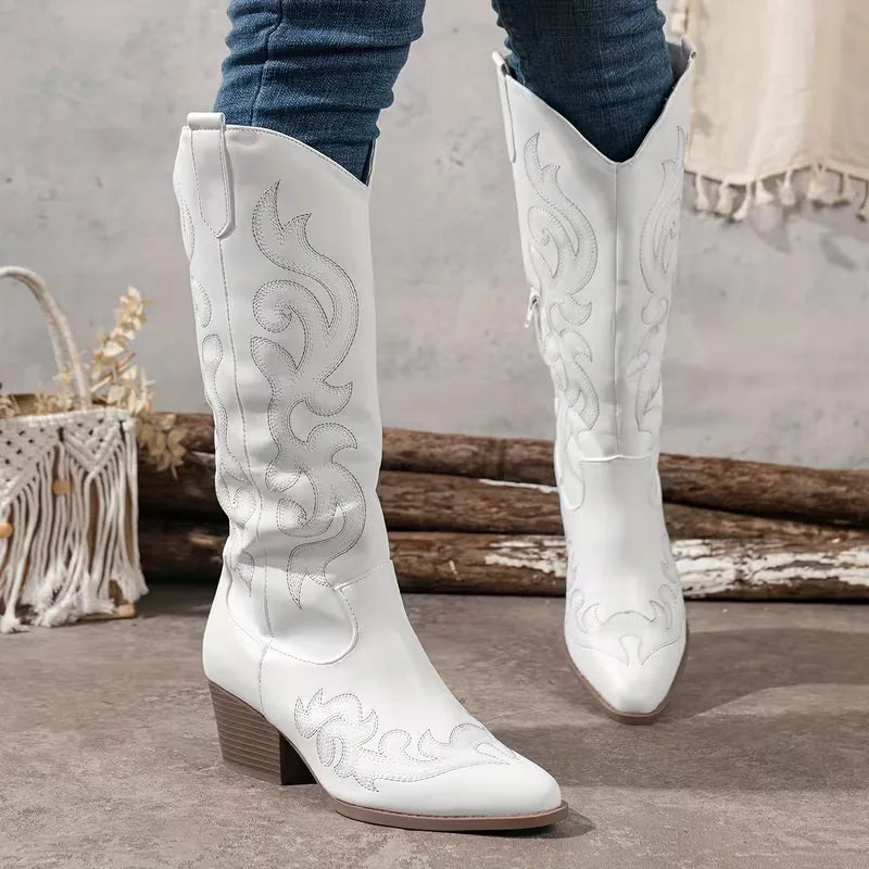 Knee High Embroidered Cowboy Boots with Pointed Toe