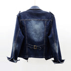Women's Fitted Denim Biker Jacket with Asymmetric Zip and Notched Lapels