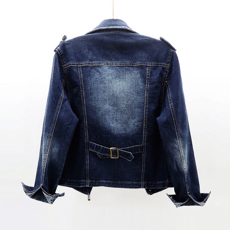 Women's Fitted Denim Biker Jacket with Asymmetric Zip and Notched Lapels