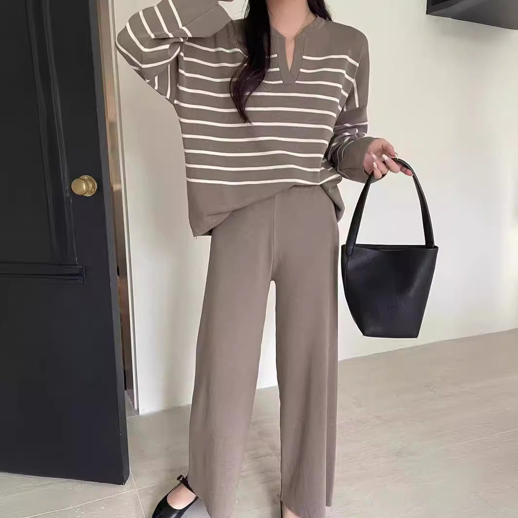 Women's Striped V-Neck Knitted Top and Wide-Leg Trousers Set