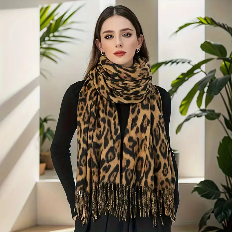 Leopard Print Winter Scarf with Fringes – Bohemian Blanket Scarf
