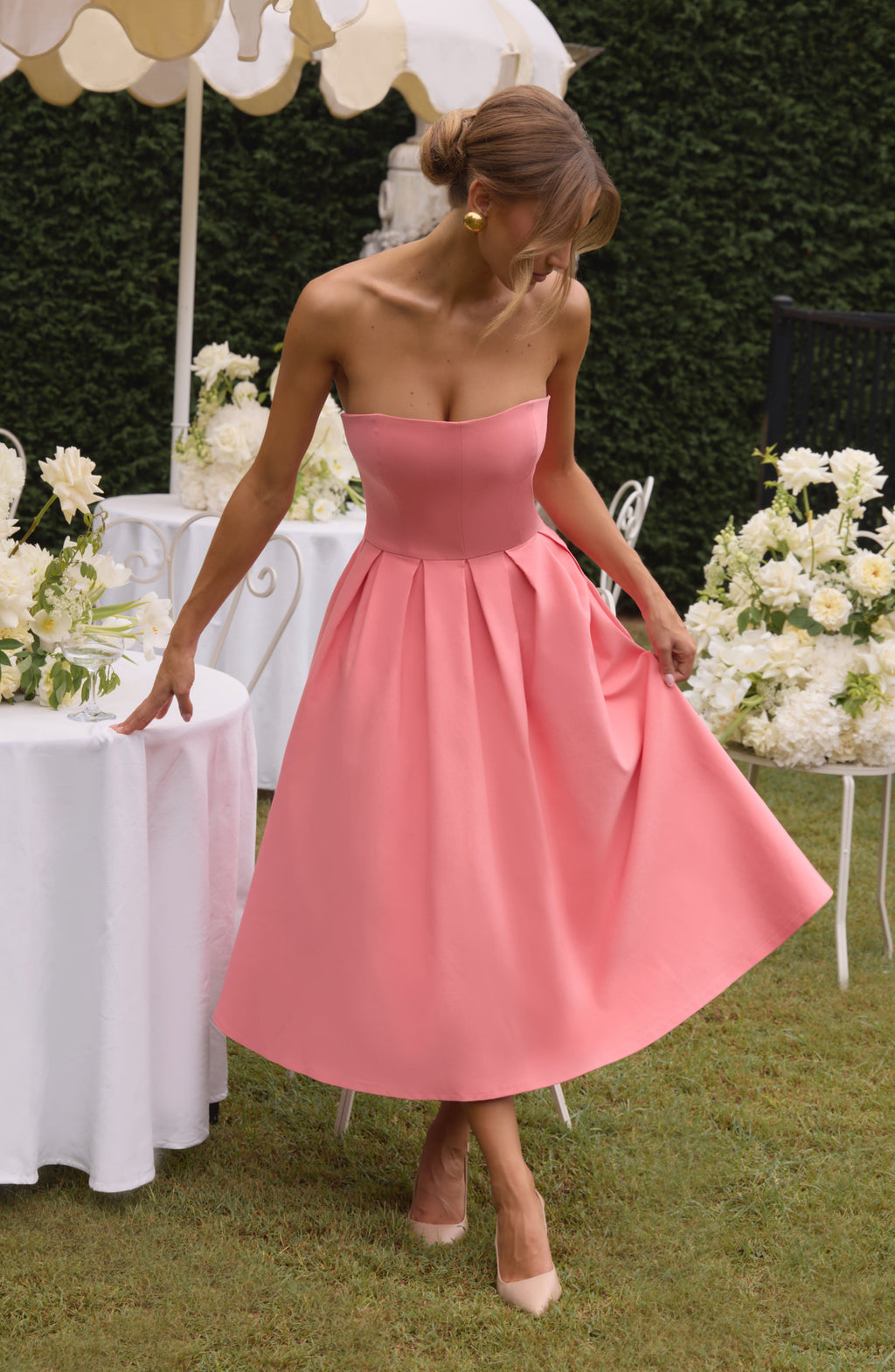 Coral Pink Floral Midi Dress – Elegant Summer Occasion Dress | Meave & Ivy