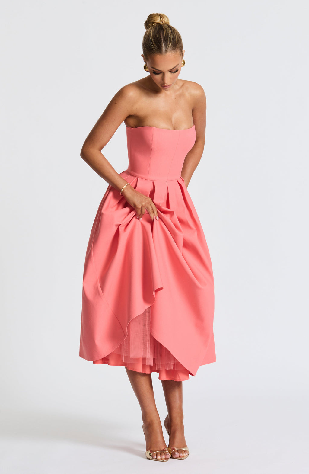Coral Pink Floral Midi Dress – Elegant Summer Occasion Dress | Meave & Ivy