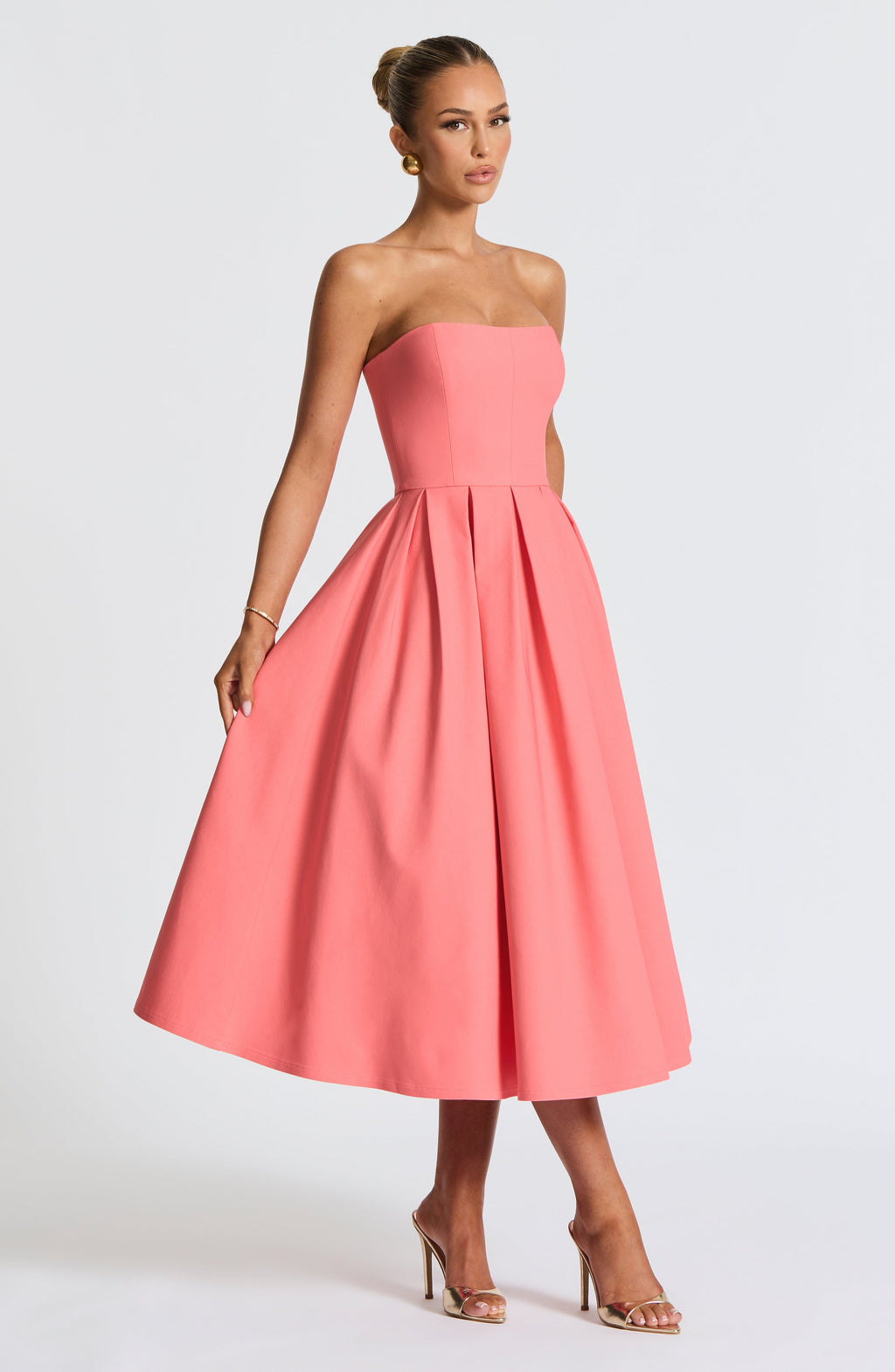 Coral Pink Floral Midi Dress – Elegant Summer Occasion Dress | Meave & Ivy