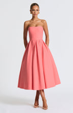 Coral Pink Floral Midi Dress – Elegant Summer Occasion Dress | Meave & Ivy