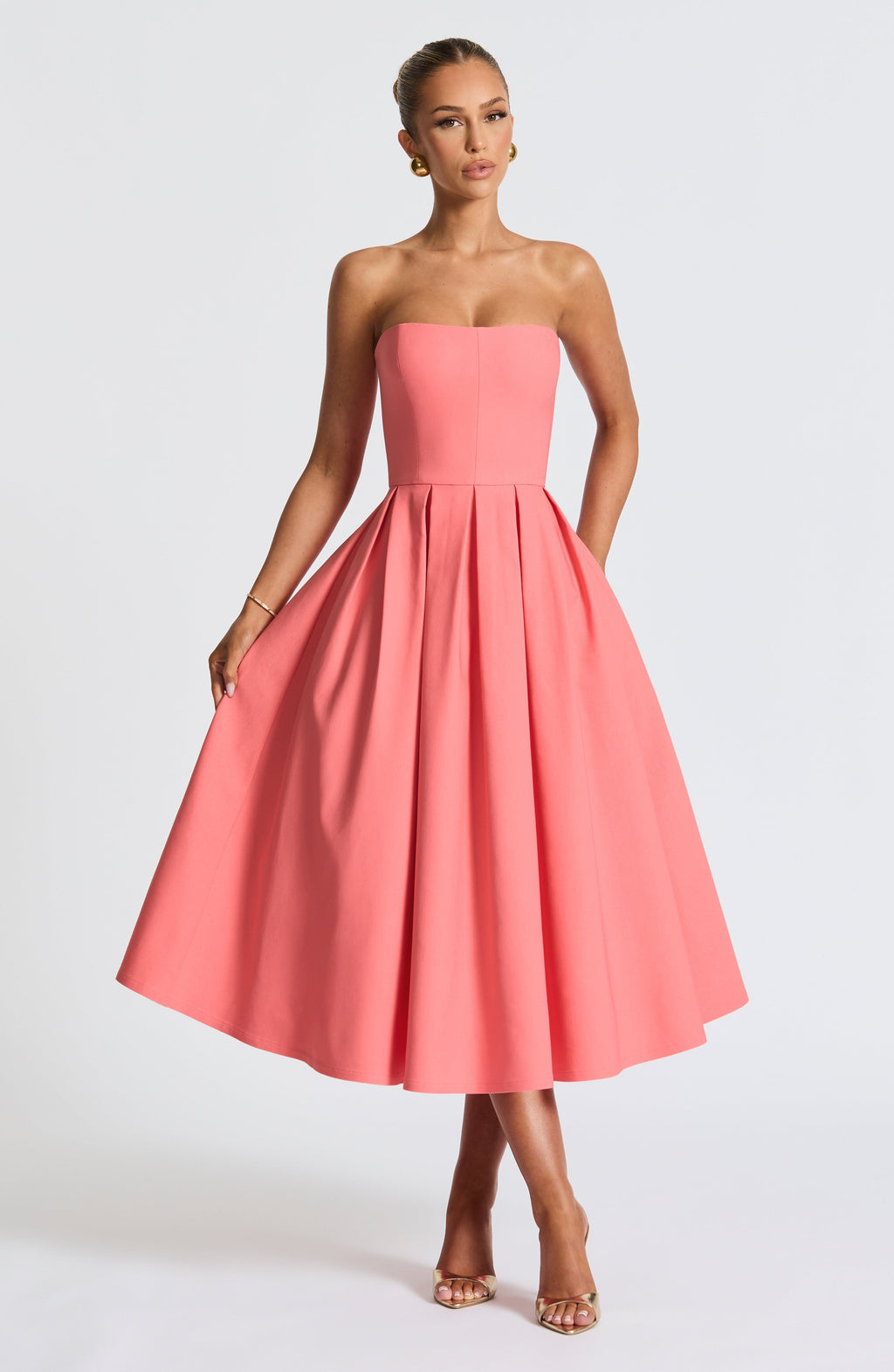 Coral Pink Floral Midi Dress – Elegant Summer Occasion Dress | Meave & Ivy