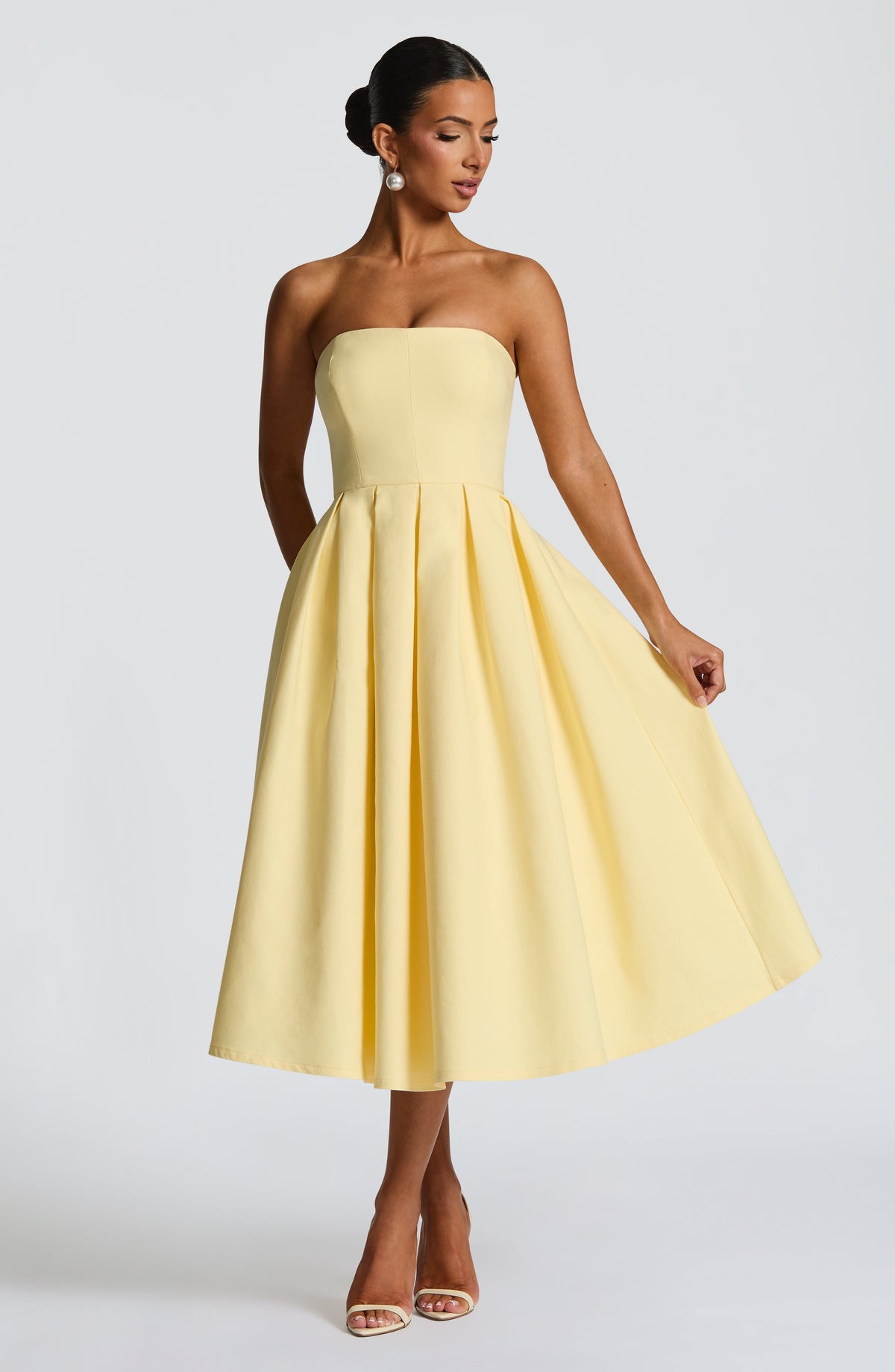 Lemon Yellow Floral Midi Dress – Elegant Summer Occasion Dress | Meave & Ivy