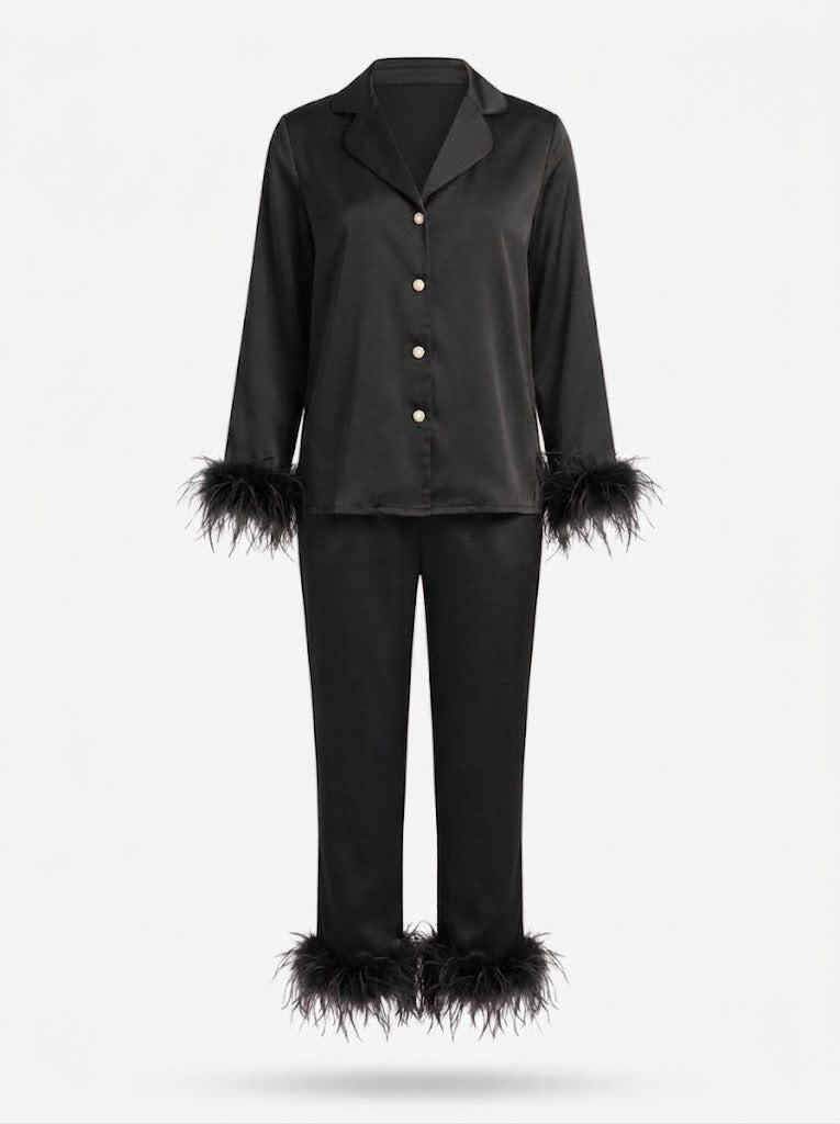 Women's Feather-Trim Trouser Co-Ord Set – Cropped Tie-Front Top