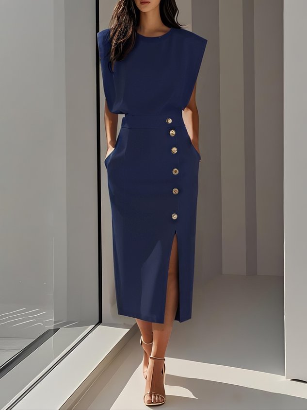 Sleeveless Button-Detail Bodycon Midi Dress
