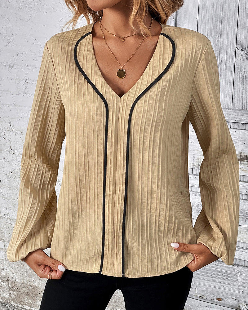 Women's Textured V-Neck Blouse with Contrast Piping and Gathered Long