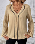 Women's Textured V-Neck Blouse with Contrast Piping and Gathered Long