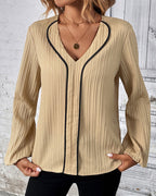 Women's Textured V-Neck Blouse with Contrast Piping and Gathered Long