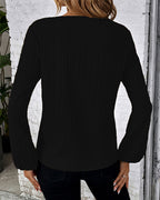 Women's Textured V-Neck Blouse with Contrast Piping and Gathered Long
