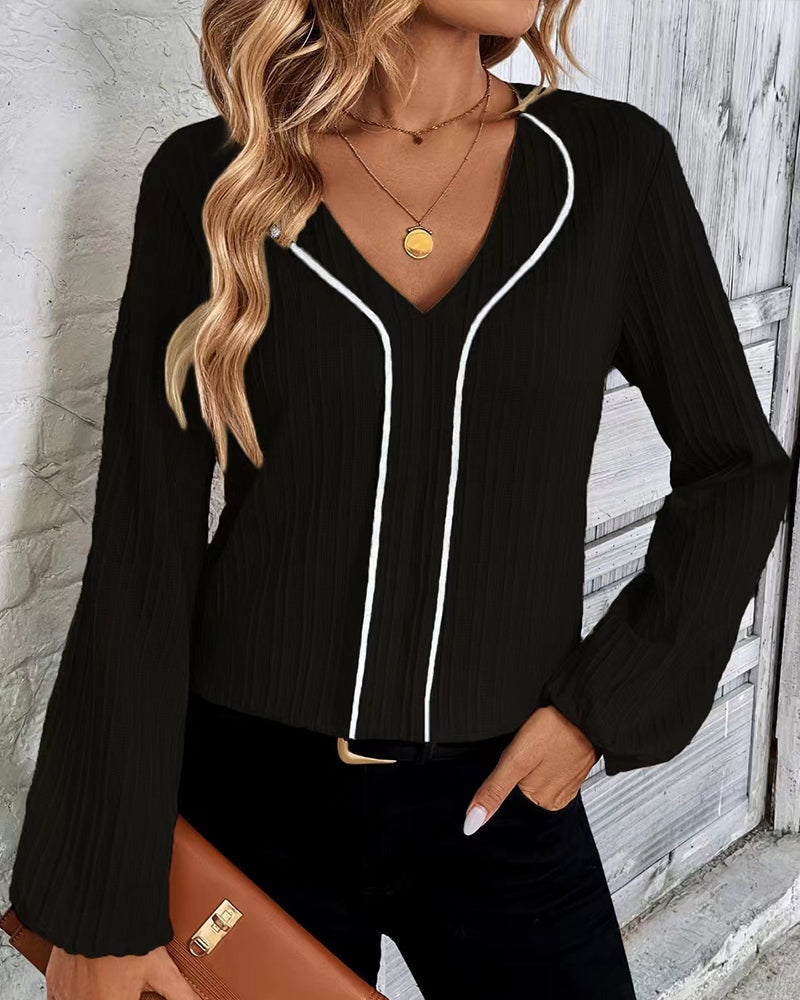 Women's Textured V-Neck Blouse with Contrast Piping and Gathered Long