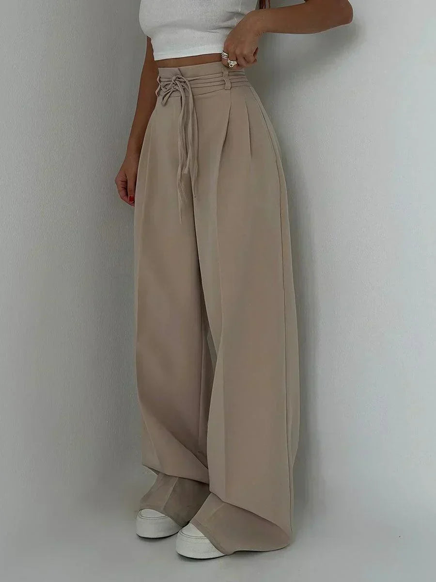 Women's High-Waist Wide-Leg Trousers – Flowing Pleated Full-Length Bottoms
