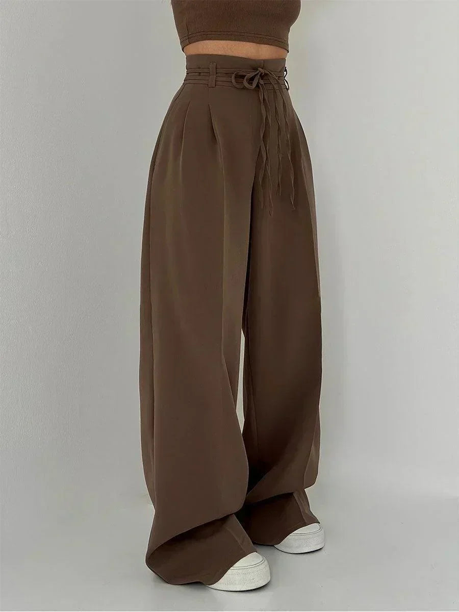 Women's High-Waist Wide-Leg Trousers – Flowing Pleated Full-Length Bottoms