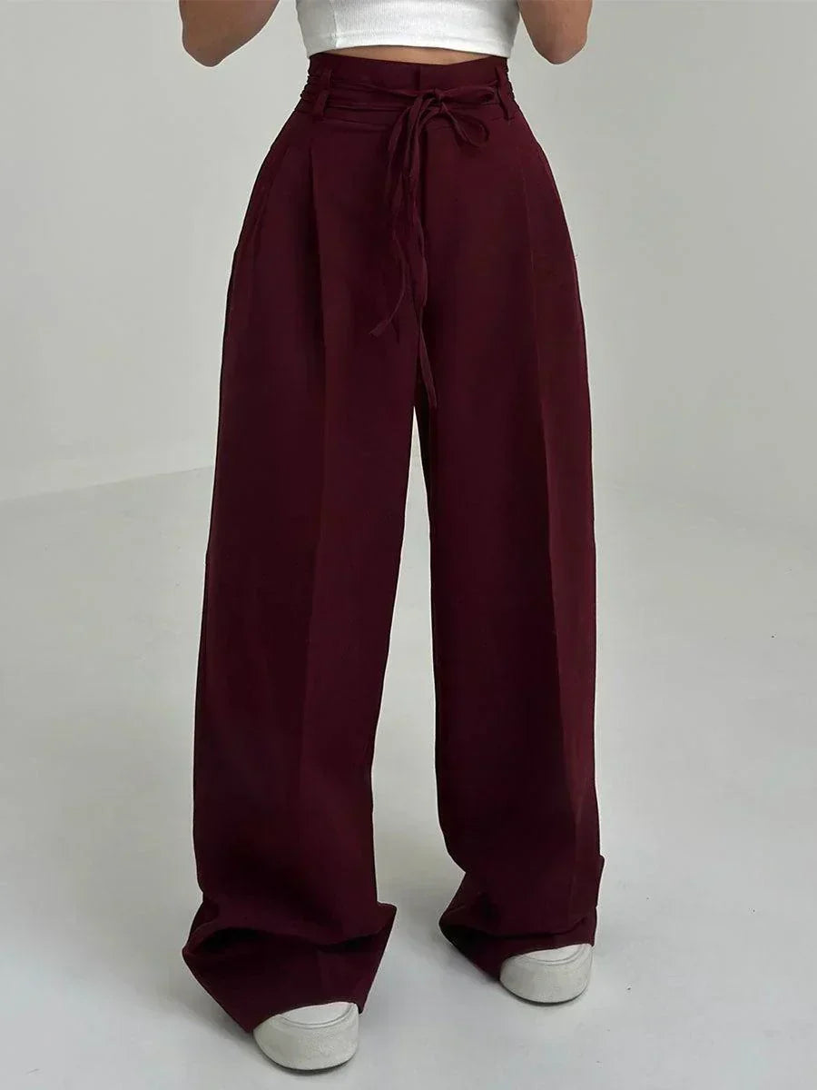 Women's High-Waist Wide-Leg Trousers – Flowing Pleated Full-Length Bottoms