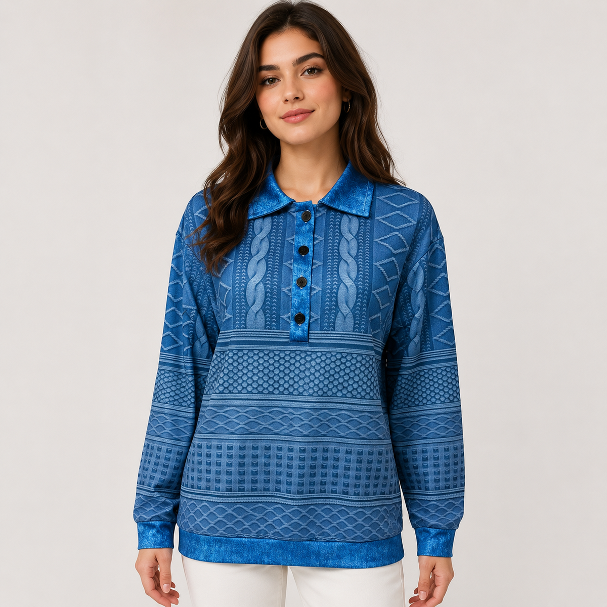 Women's Textured Button-Neck Sweater – Relaxed Long-Sleeve Style