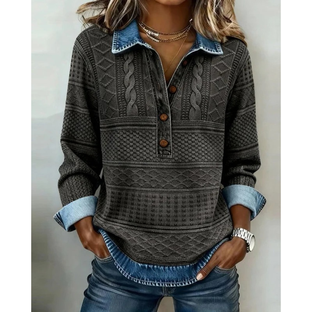 Women's Textured Button-Neck Sweater – Relaxed Long-Sleeve Style
