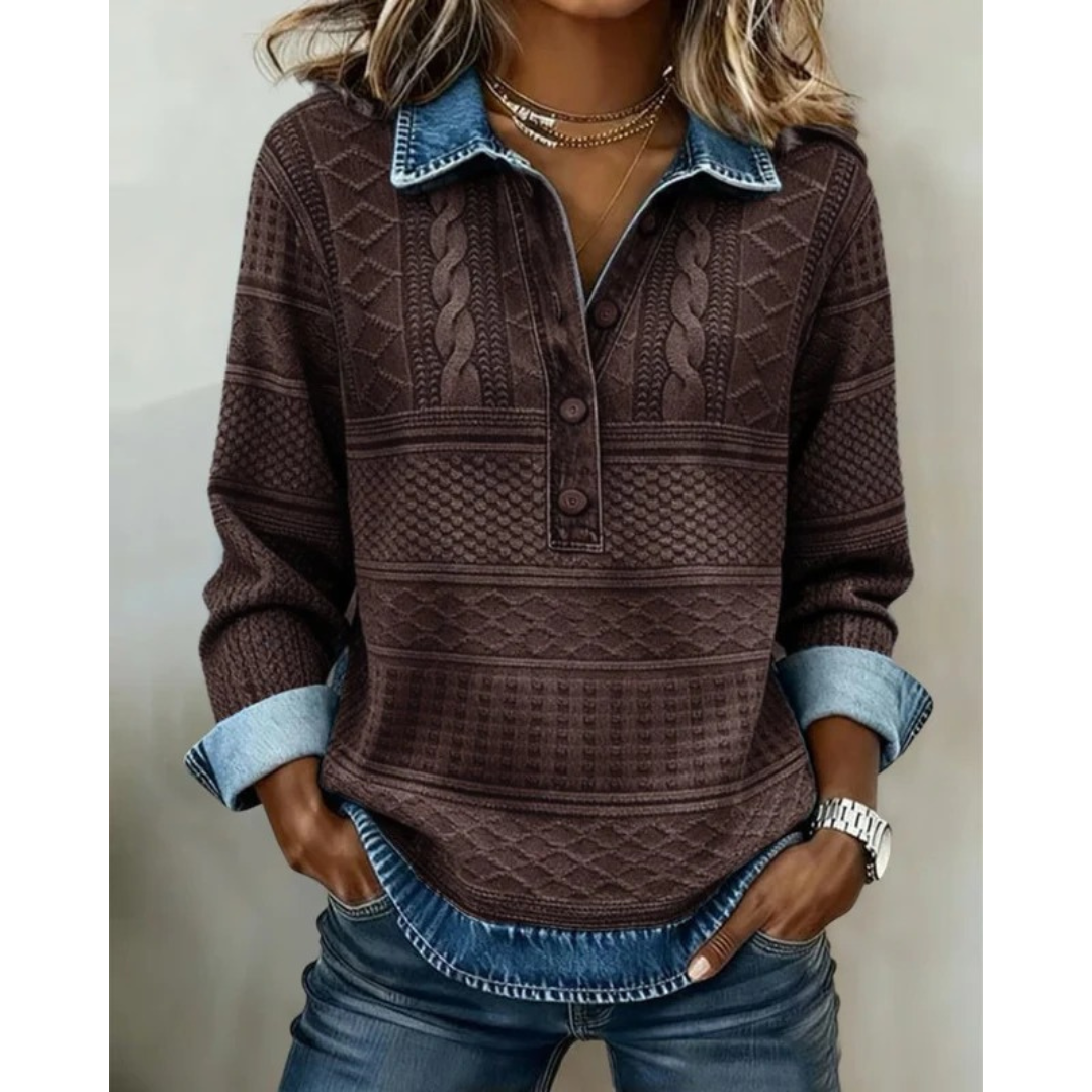 Women's Textured Button-Neck Sweater – Relaxed Long-Sleeve Style