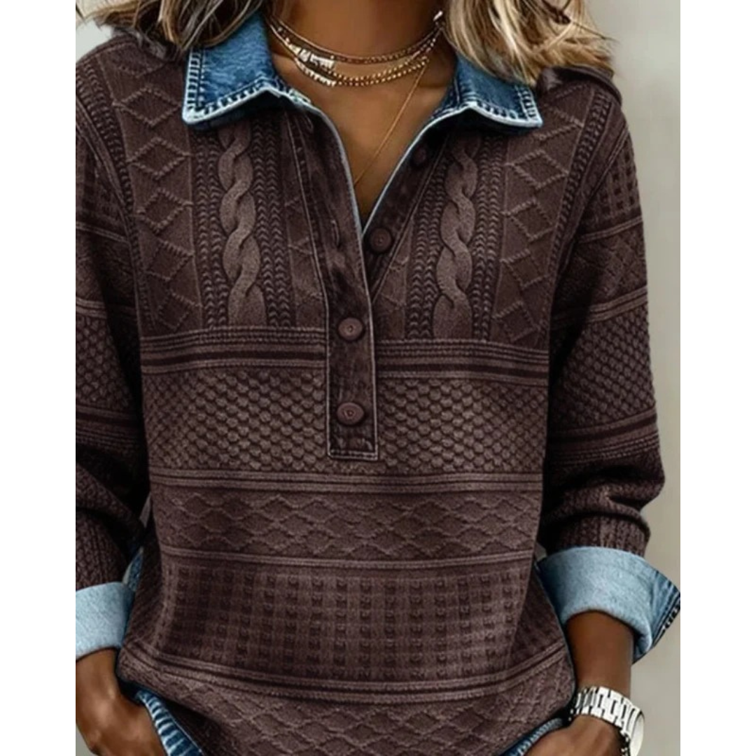 Women's Textured Button-Neck Sweater – Relaxed Long-Sleeve Style