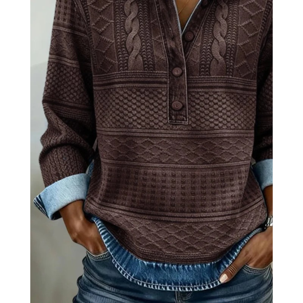 Women's Textured Button-Neck Sweater – Relaxed Long-Sleeve Style