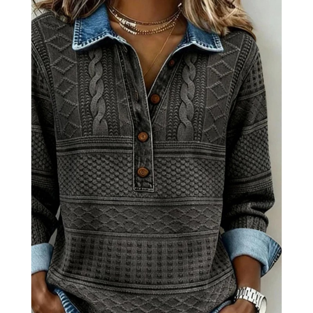 Women's Textured Button-Neck Sweater – Relaxed Long-Sleeve Style