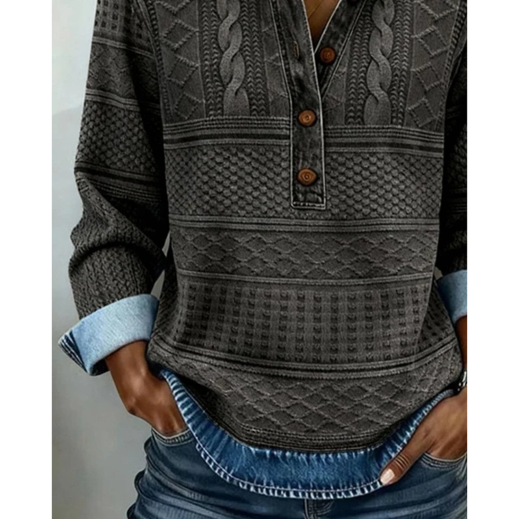 Women's Textured Button-Neck Sweater – Relaxed Long-Sleeve Style