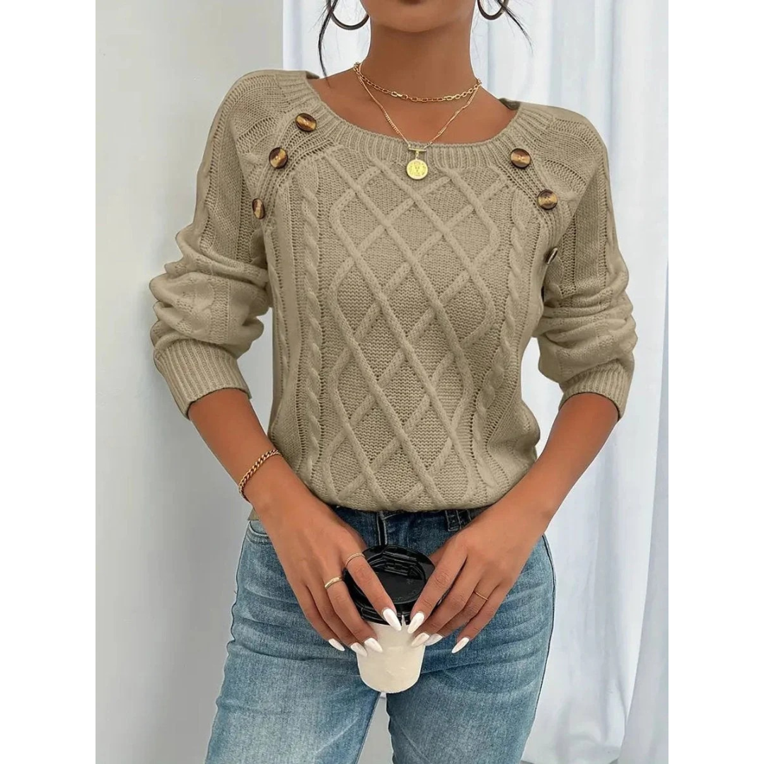 Women's Cable Knit Sweater – Button Detail Long-Sleeve Style