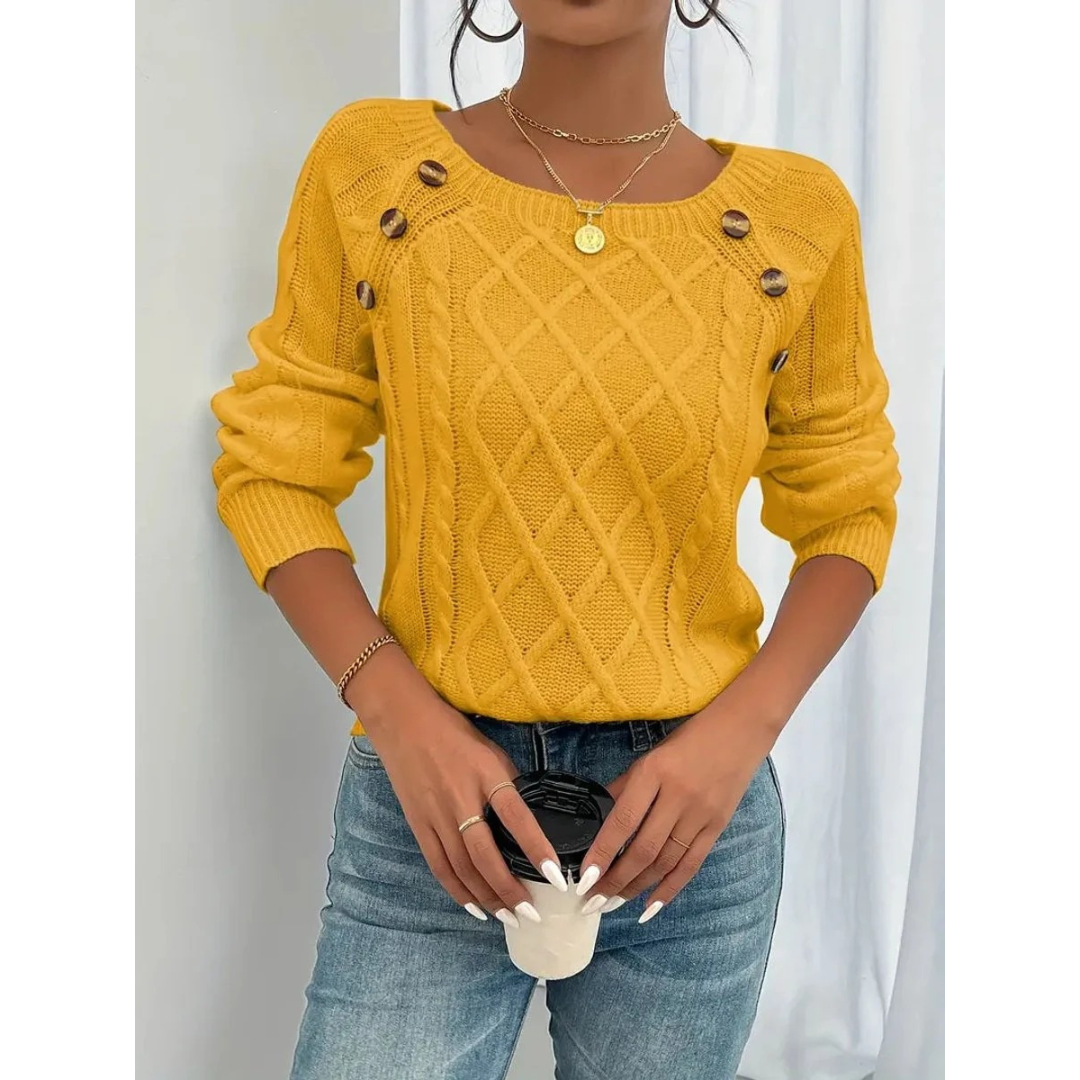 Women's Cable Knit Sweater – Button Detail Long-Sleeve Style