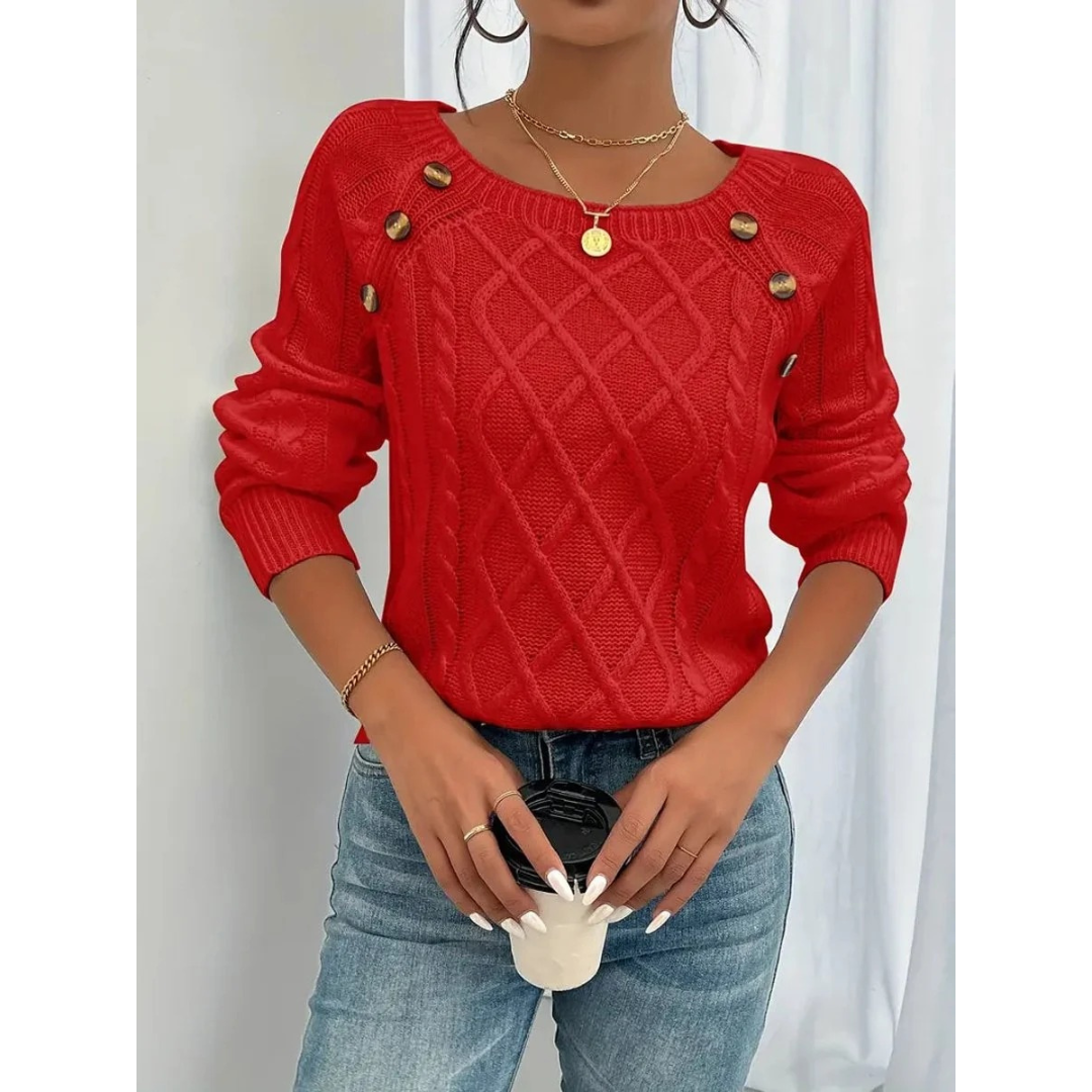 Women's Cable Knit Sweater – Button Detail Long-Sleeve Style