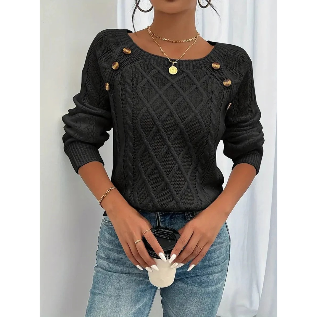 Women's Cable Knit Sweater – Button Detail Long-Sleeve Style