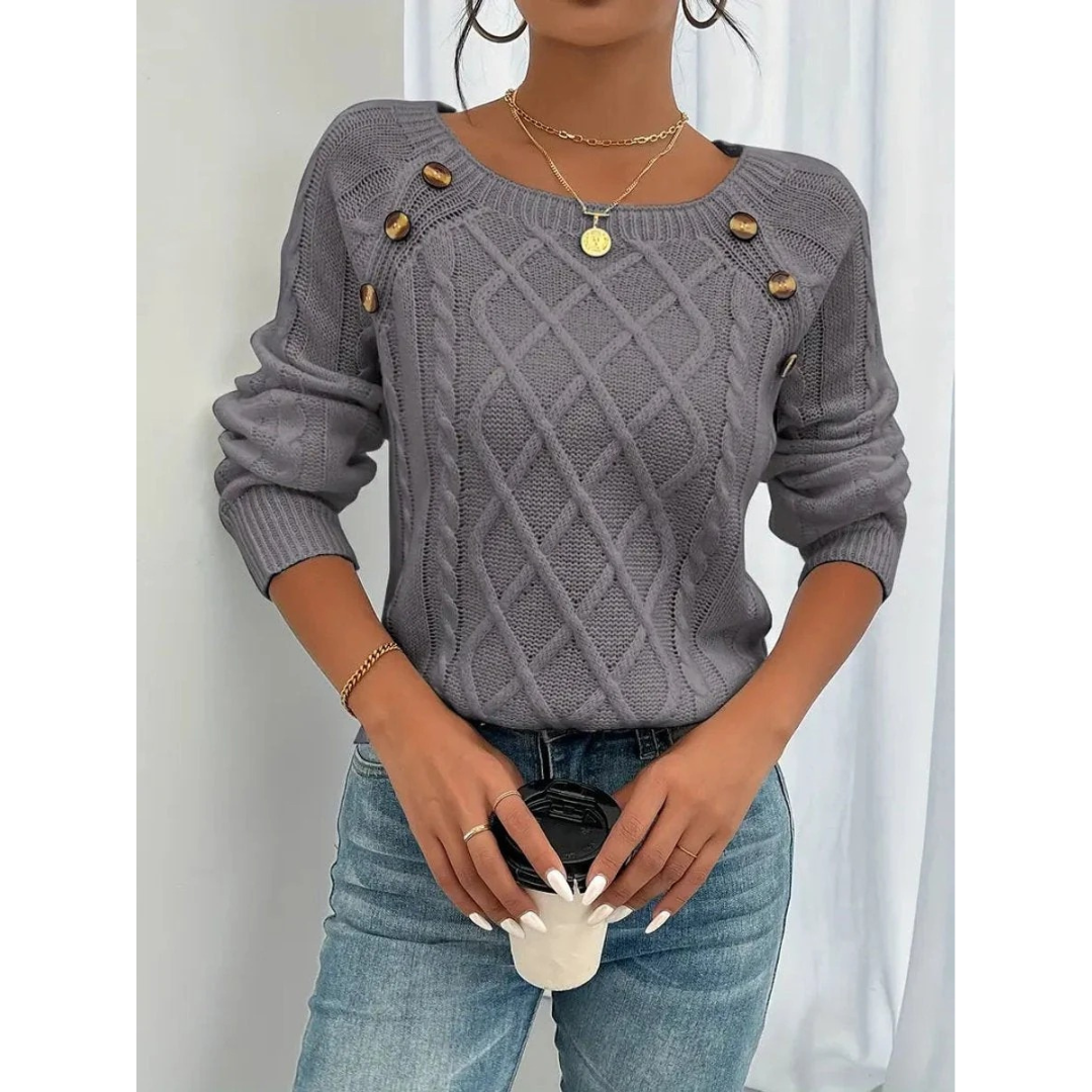 Women's Cable Knit Sweater – Button Detail Long-Sleeve Style