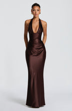 Plum Brown Backless Maxi Dress – Elegant Evening Gown | Meave & Ivy