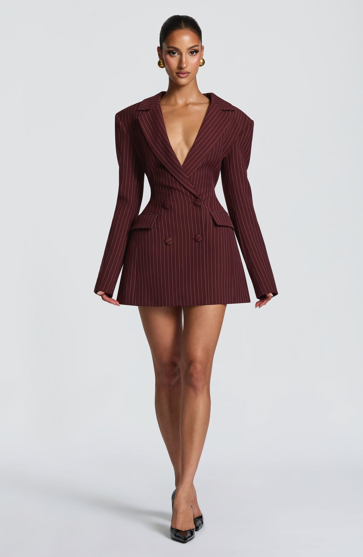 Burgundy Pinstripe Blazer Dress – Tailored Statement Dress | Meave & Ivy