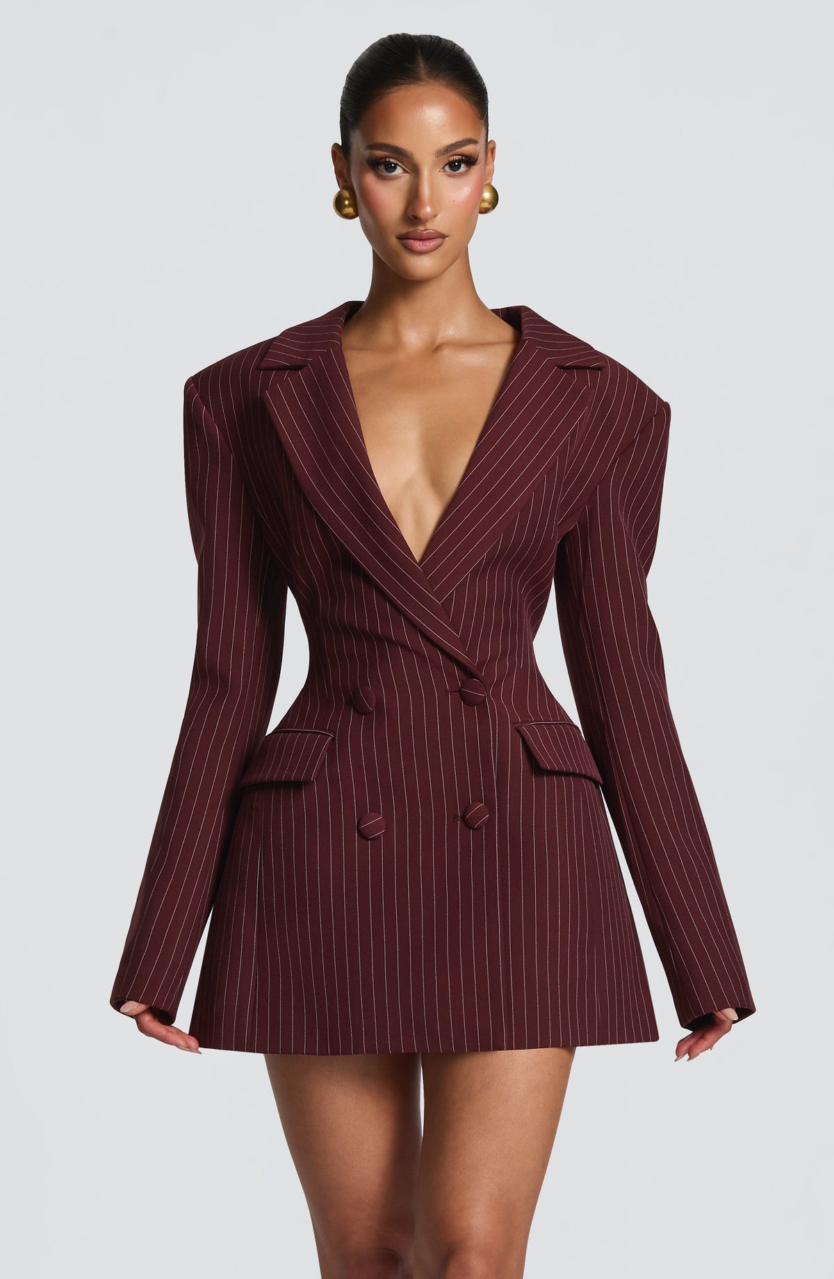 Burgundy Pinstripe Blazer Dress – Tailored Statement Dress | Meave & Ivy