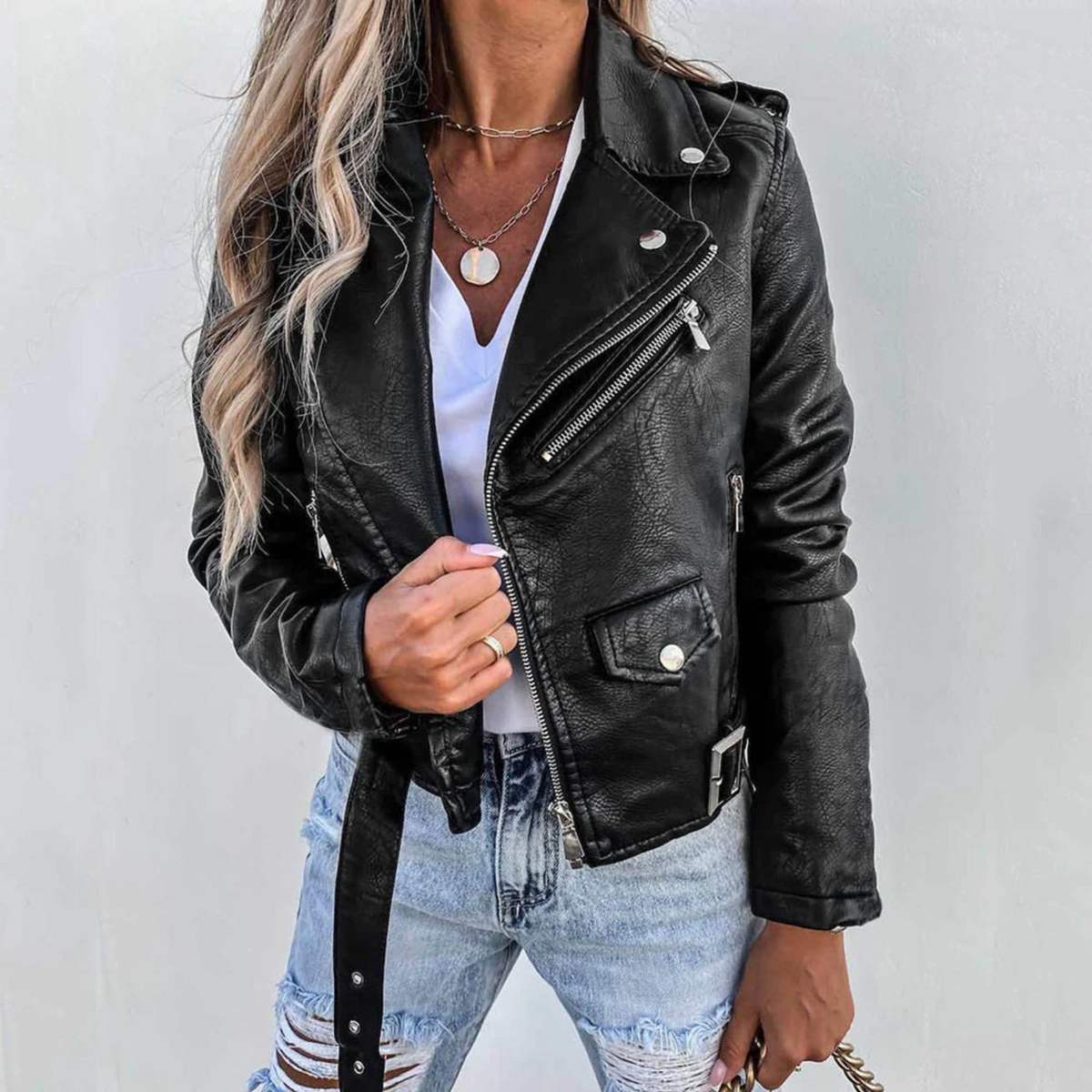 Lined Leather Look Jacket with Zip – Sleek Winter Biker Jacket