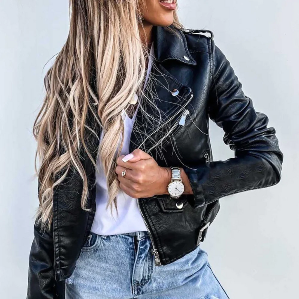 Lined Leather Look Jacket with Zip – Sleek Winter Biker Jacket