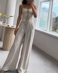 Women's Two-Piece Corset Top and Wide-Leg Trouser Set – Lace-Up Sleeveless Tailored Style for Summer Events Smart Casual Wear and Evening Occasions