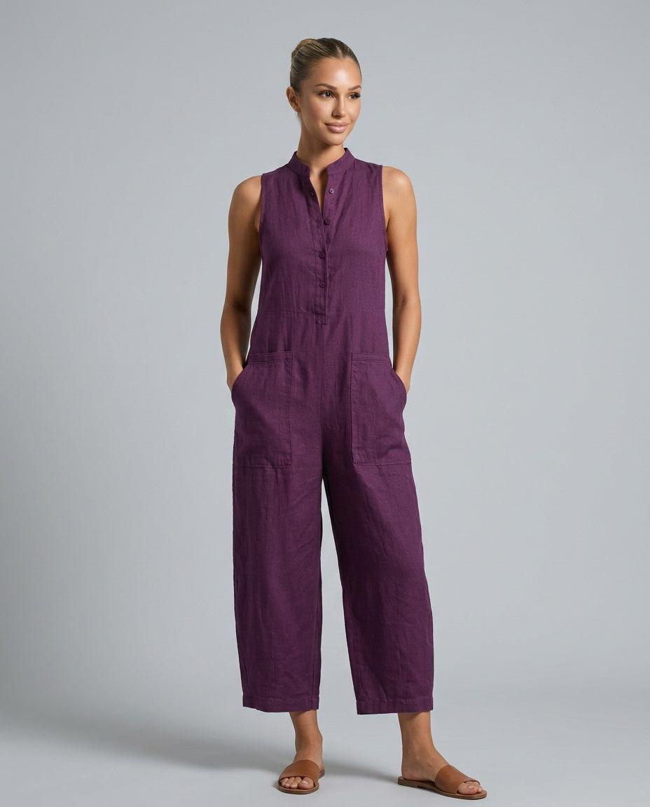 Linen-Blend Sleeveless Loose Jumpsuit