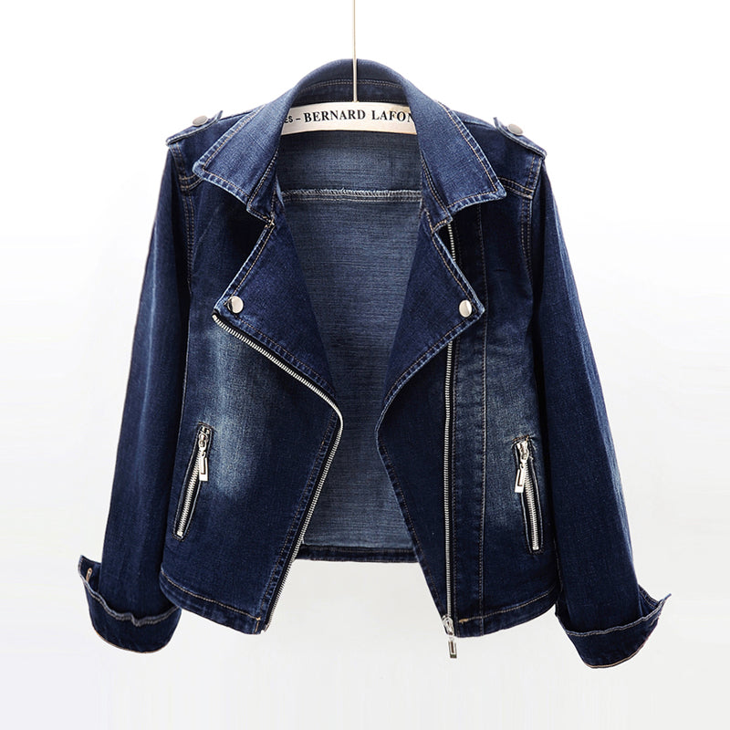 Women's Fitted Denim Biker Jacket with Asymmetric Zip and Notched Lapels