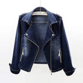 Women's Fitted Denim Biker Jacket with Asymmetric Zip and Notched Lapels