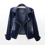 Women's Fitted Denim Biker Jacket with Asymmetric Zip and Notched Lapels