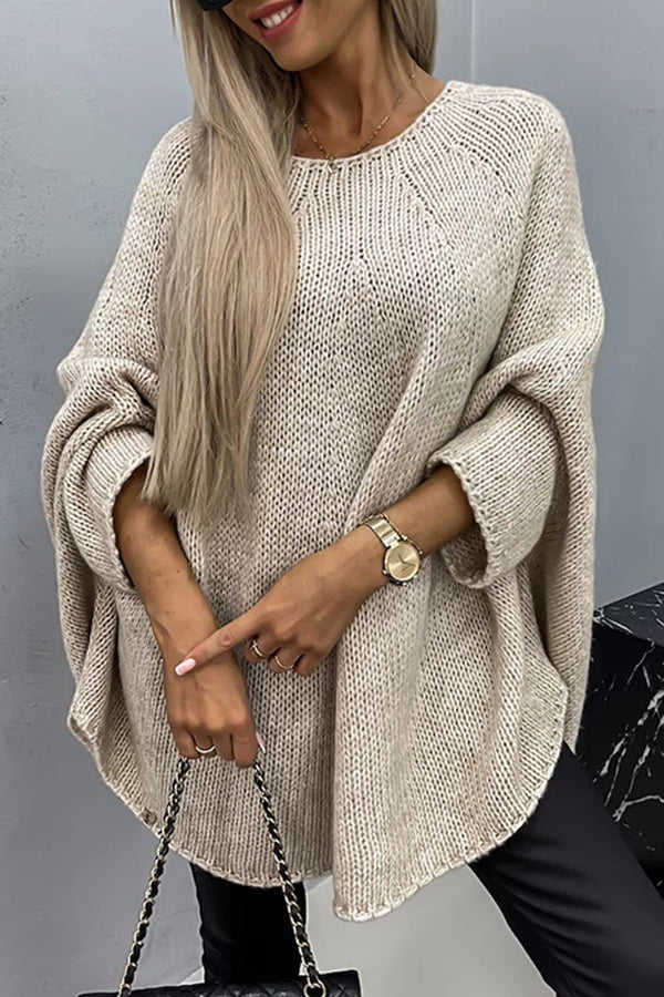Women's Draped Knit Poncho – Relaxed Round-Neck Sweater